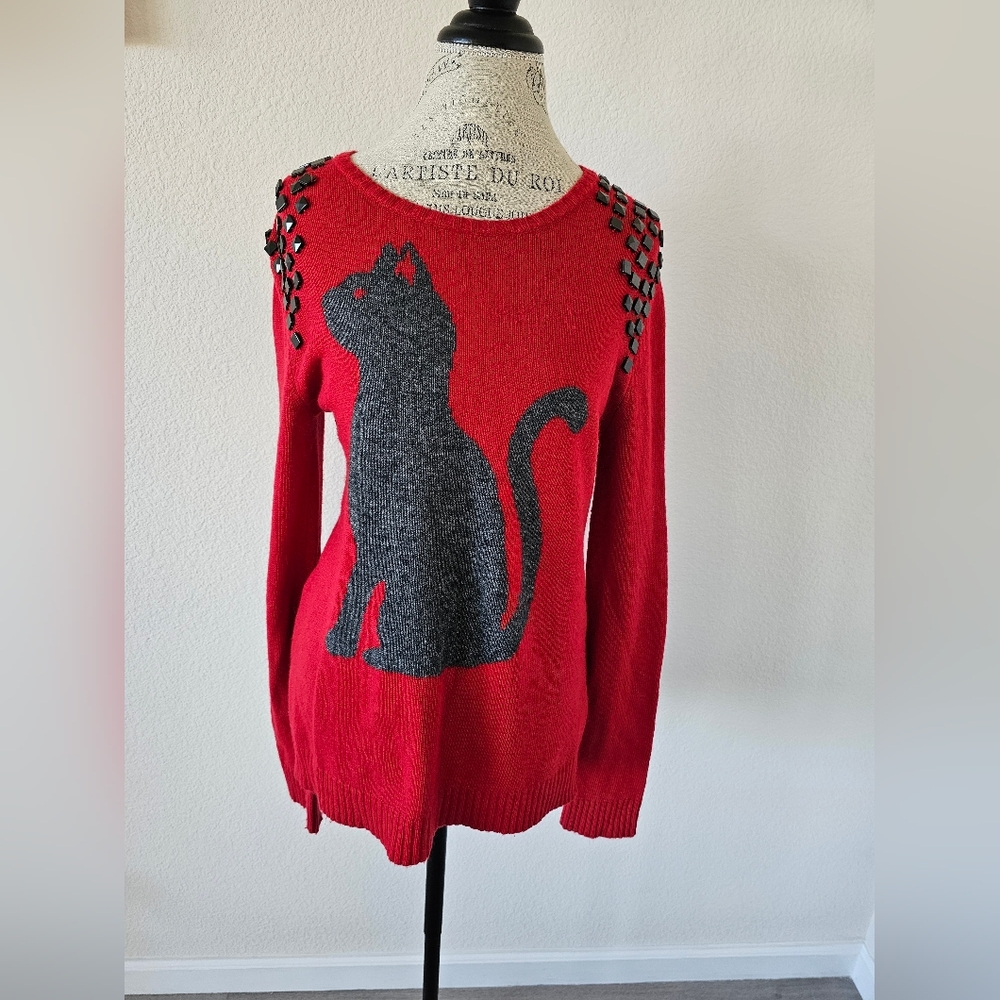 BCBG Max Azria Red Cat Intarsia Sweater Medium M Studded Lambswool Cashmere